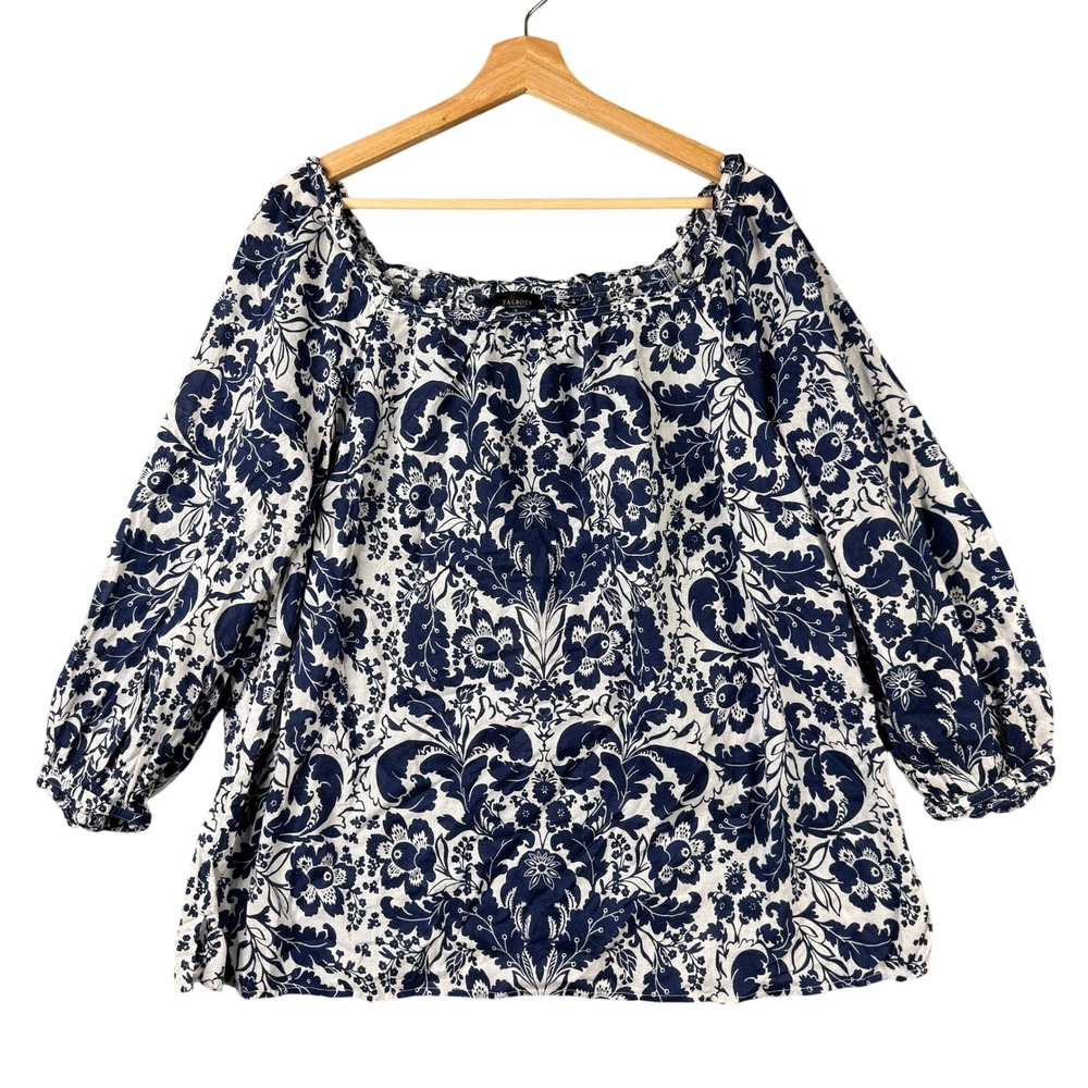 Talbots Petite Plus 2XP Navy White Floral Damask Cotton Square Neck Peasant Top
